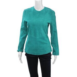 In Transit Women Green Leather Zip Crew Neck Long Sleeve Top Size S